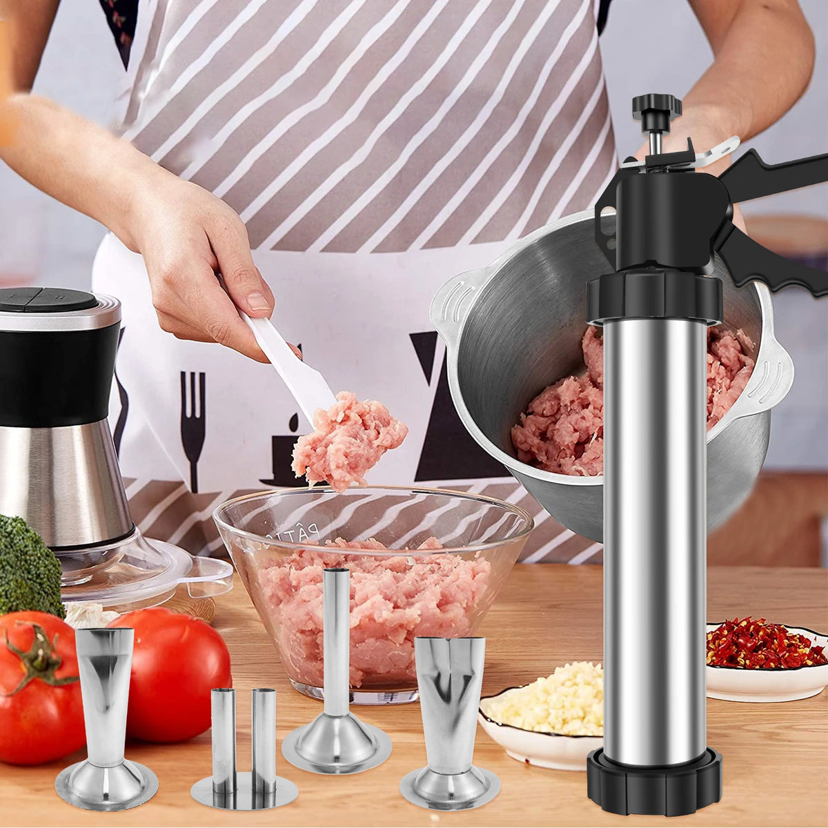 Stainless Steel Sausage Stuffer Jerky Gun Manaul Meat Syringe Home Made Homemade Sausage Tool for Home Kitchen Jerky Stuffer Kit