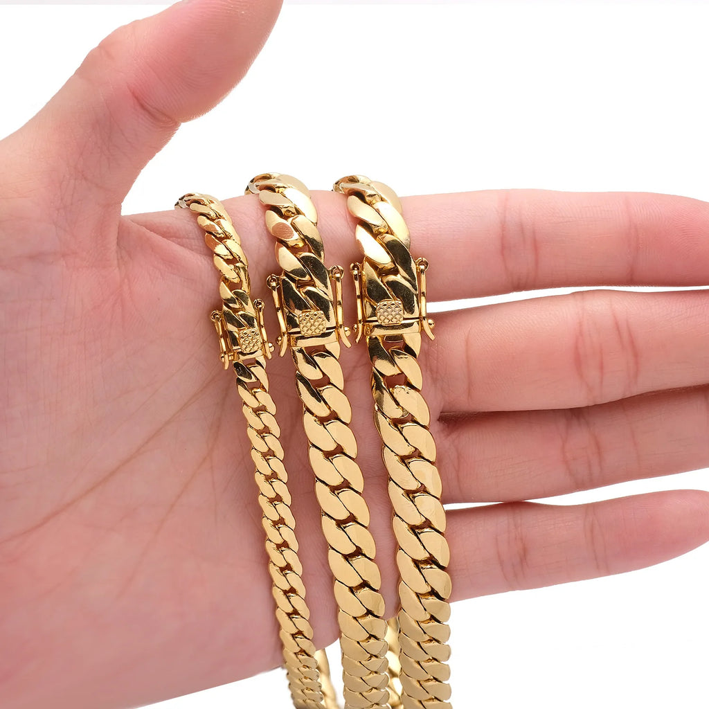 18K Gold Plated Waterproof Stainless Steel Bracelet Necklace Men Hiphop Cuban Whip Chain Necklace 6mm/ 8.8mm/9.6mm 16" 18" 24"