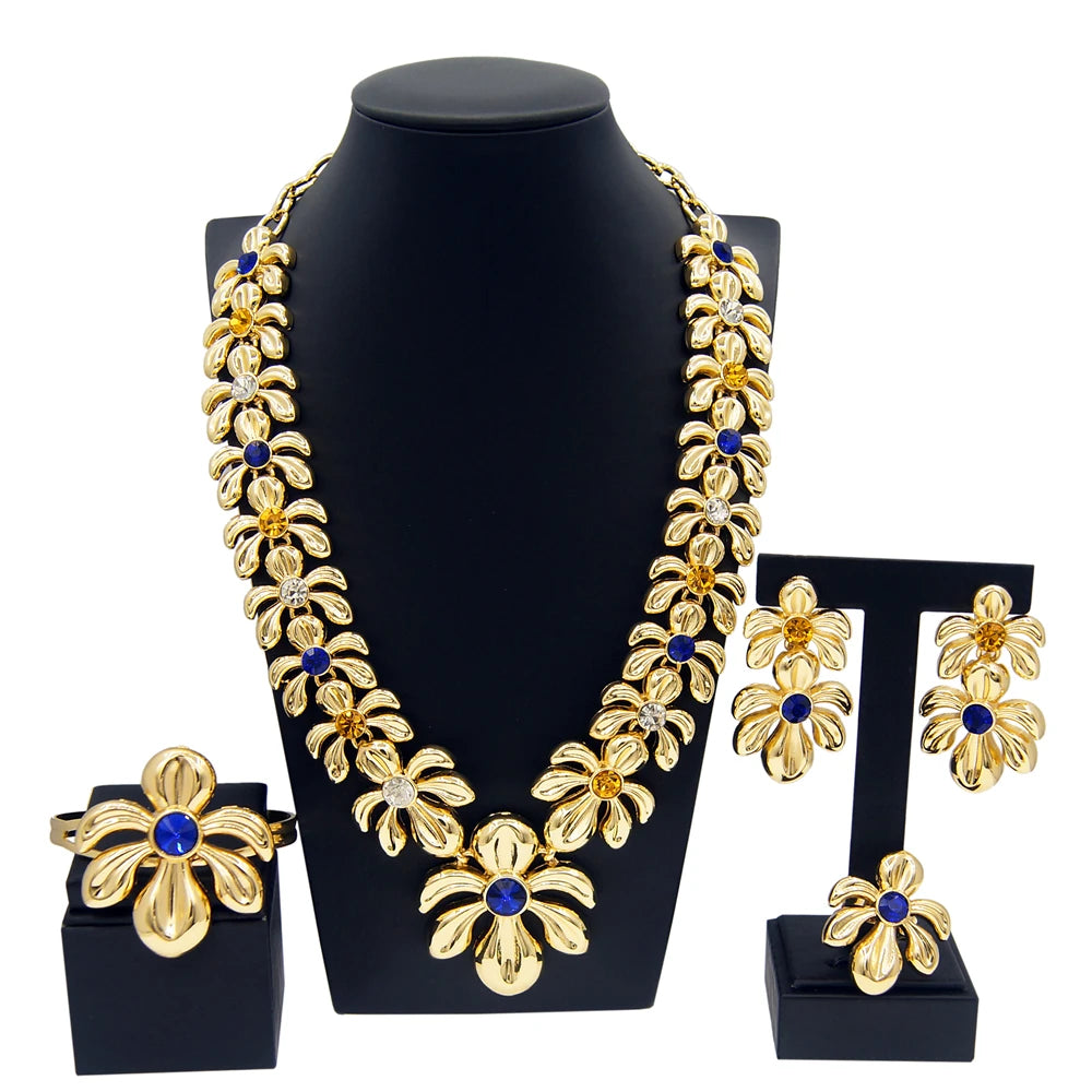 Dubai Gold Plated WomenJewelry Set Colorful Created Stone Necklace Nigerian Wedding Bijoux Gold Jewelry 24k Original