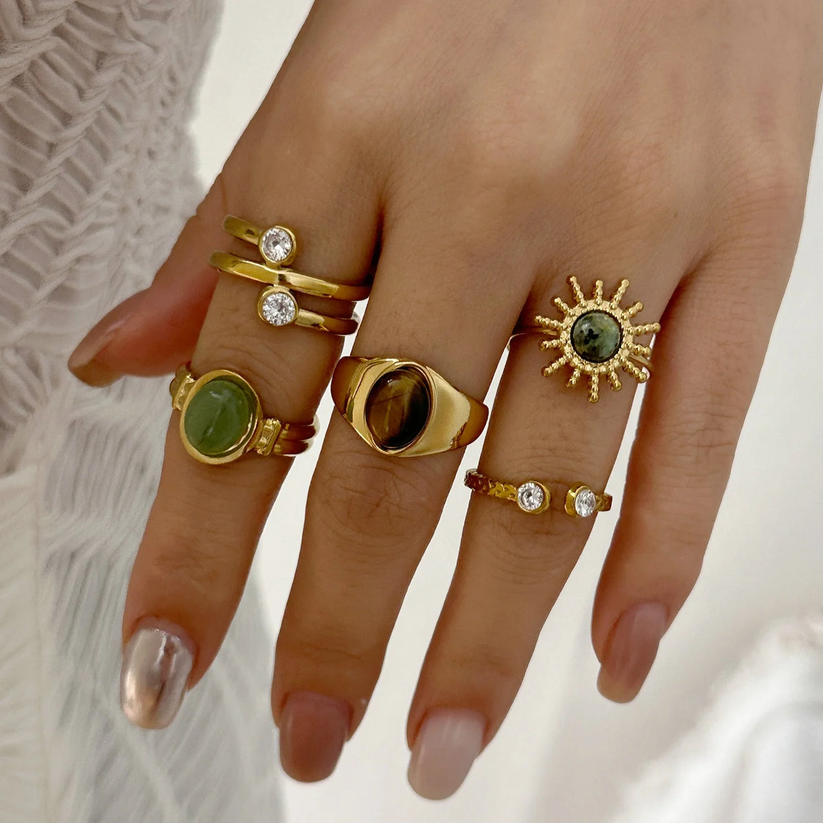 Stainless Steel French Vintage Ethnic Color Gemstone Ring for Women Punk Personality Stackable Open Finger Ring Hand Jewelry