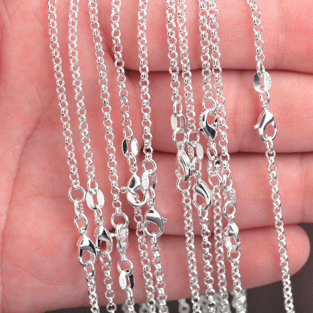 10PCS Wholesale Pure 925 Sterling Silver Color Charm Link Chain Necklace Jewelry with Strong Smooth Lobster Clasps 16-30 Inch