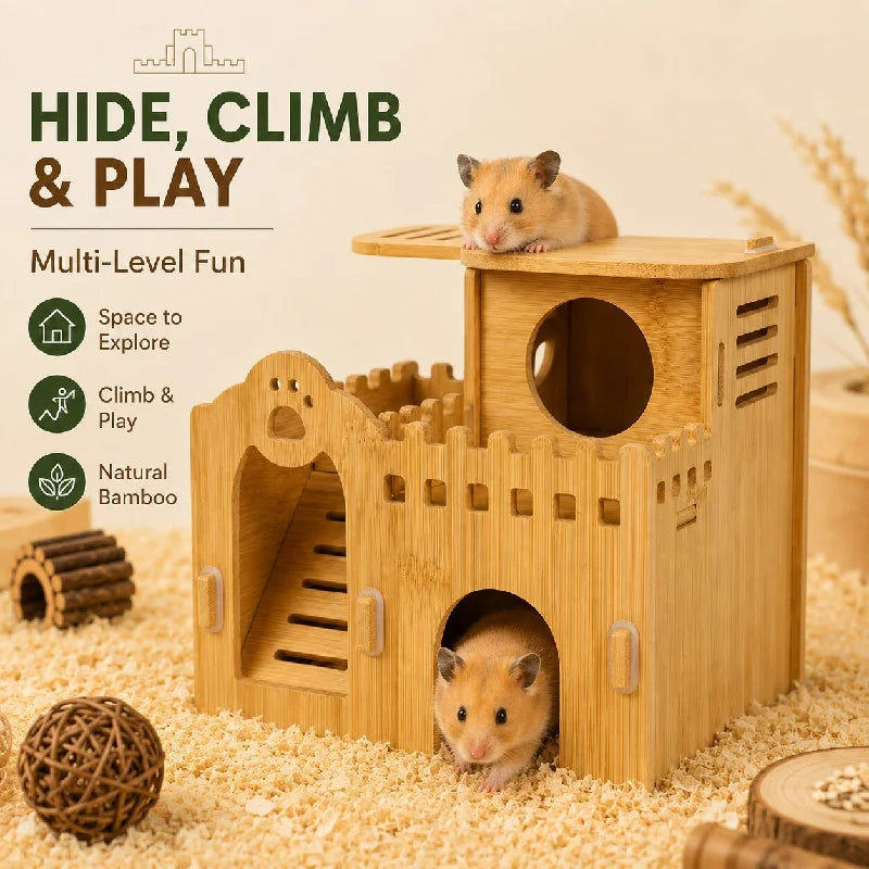 Bamboo Hamster Hideout House - All Season Winter Sleeping Nest for Golden Bear Small Pet Decor Landscape Cage Accessories