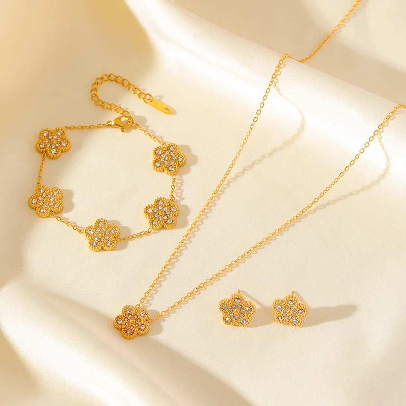 EILIECK New Fashion Stainless Steel White Zircon Clover Necklace Bracelet Earrings Set For Women Trendy Flower Jewelry Set Gift