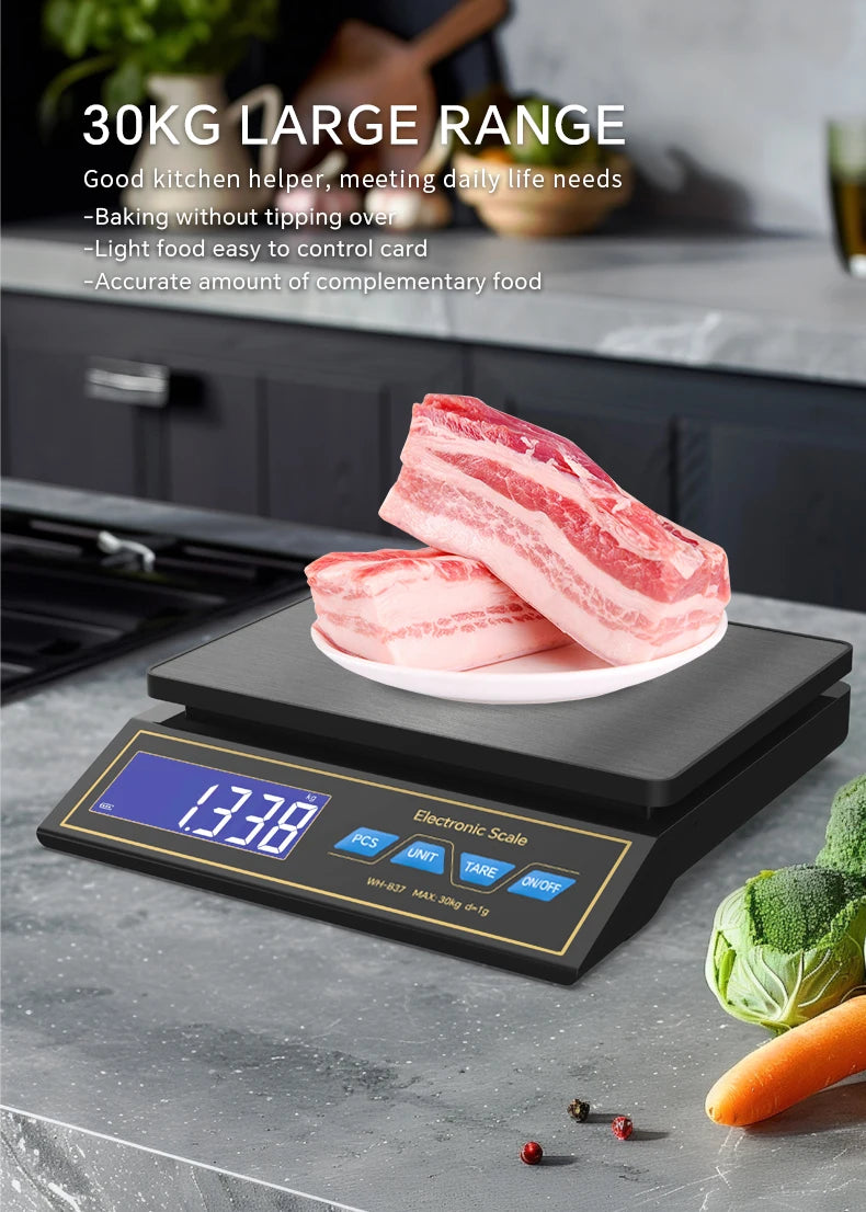LCD Digital Kitchen Scale 30kg/1g Rechargeable Stainless Steel Panel Electronic Scales Home Jewelry Food Weighing Baking Tools