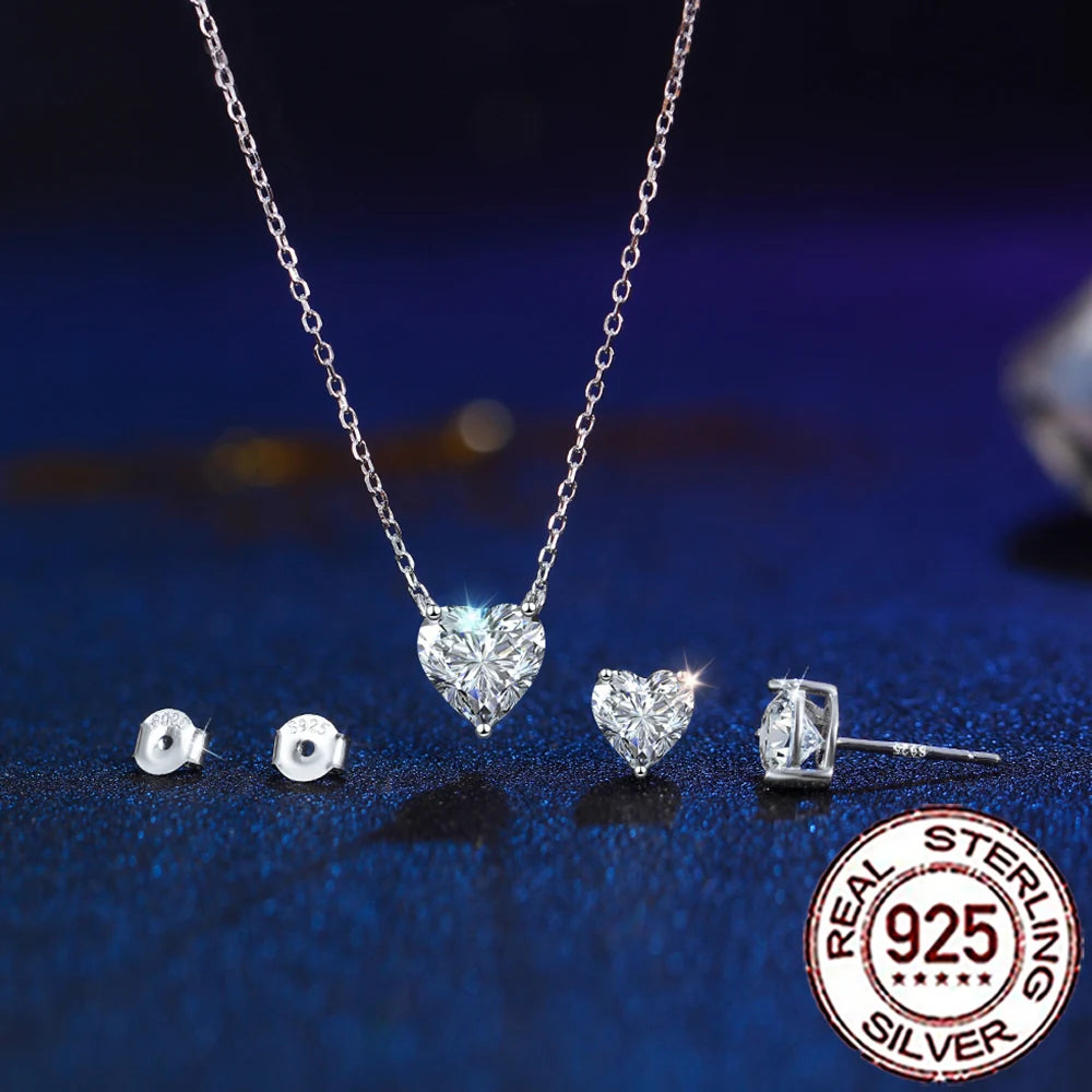 QooLady 925 Sterling Silver Shiny CZ Heart Shape Pendant Necklace Earrings for Women Fine Wedding Party Jewelry Sets Gift ST022