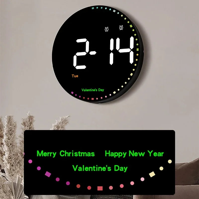 WOKLOK Remote Control 10 inch Colorful Led Wall Calendar Clock for Home Decoration with Temperature Display and Dual Alarms