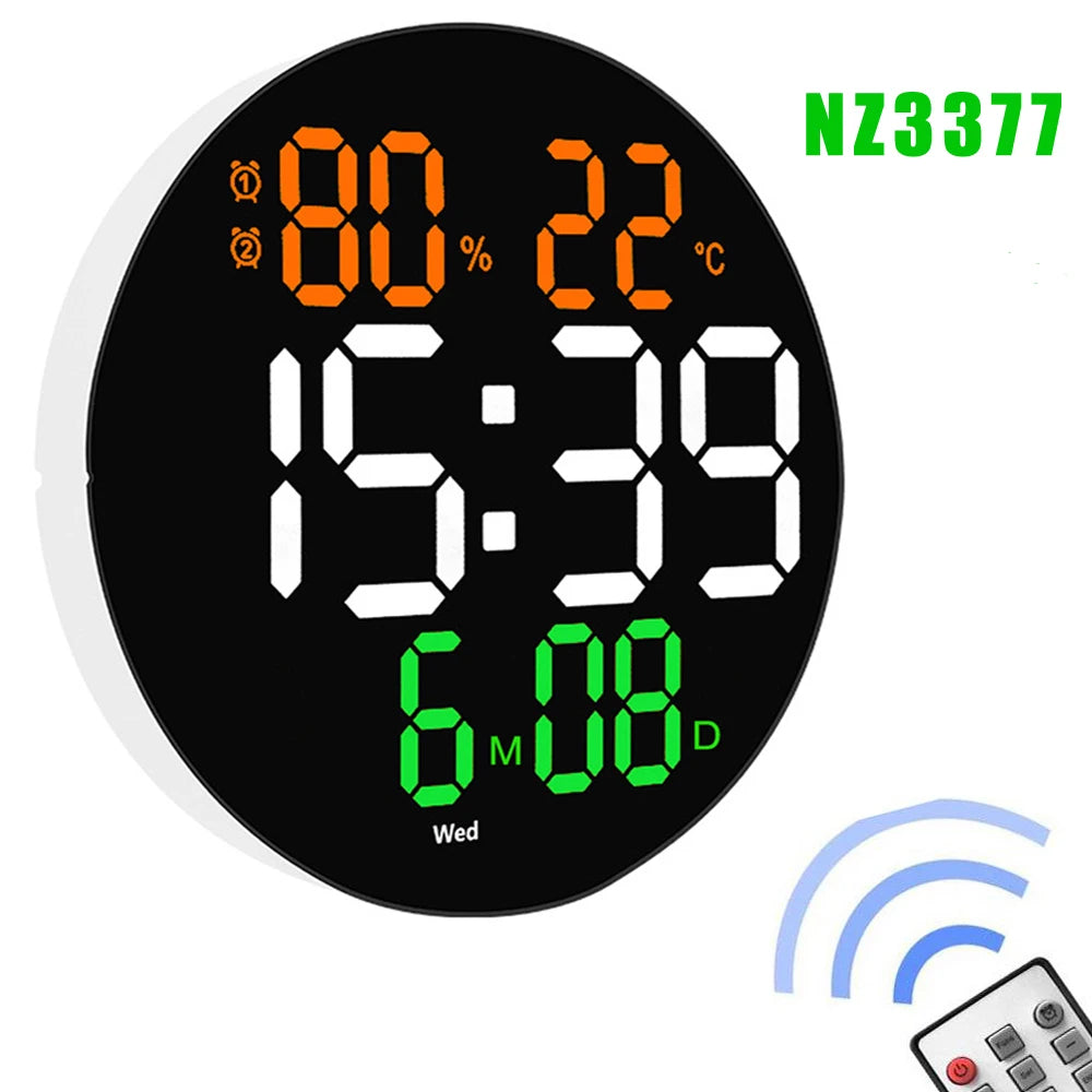 LED Wall Clock with Dual Alarms, Calendar and Temperature Display for Home Decoration. Brightness Adjustable