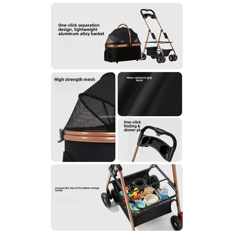 Lightweight Small Pet Stroller for Dogs & Cats 50 Lbs Capacity Aluminum Alloy Puppy Stroller with Detachable Storage Basket