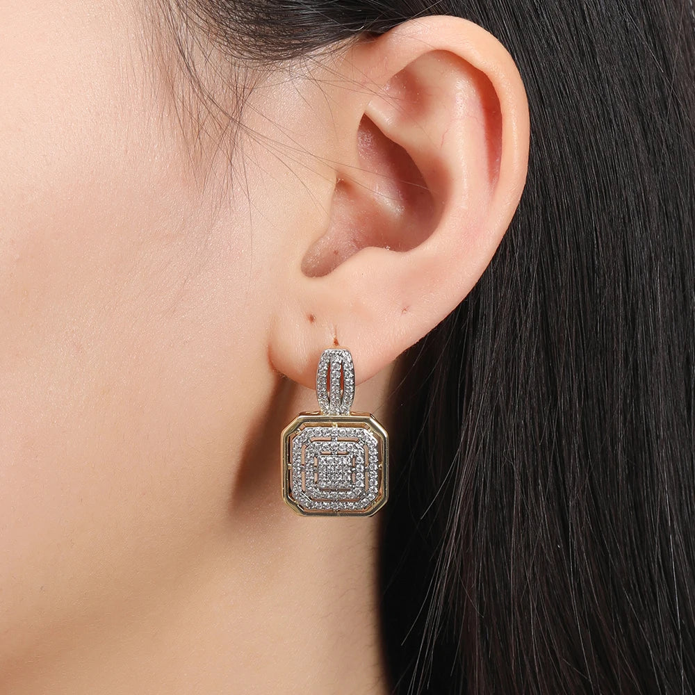 Square hollow design inlaid zircon earrings and ring set retro fashion jewelry copper plated 14K gold banquet holiday decoration