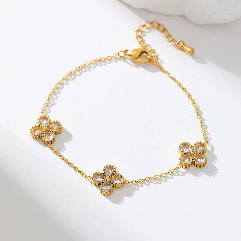 GANEMLY Stainless Steel  Sparkling White Zircon Flower Necklace Bracelet Earrings Set For Women Trendy Waterproof Jewelry Gift