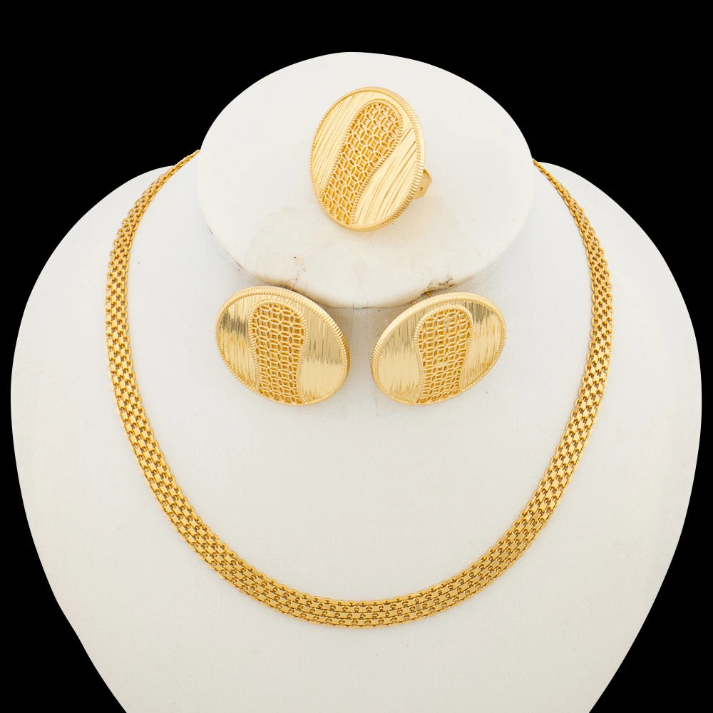 Necklace Earrings Ring Jewelry Set for Women  Gold Plated Clip Earrings and Finger Ring 2Pcs Set for Engagement Daily Wear Gifts