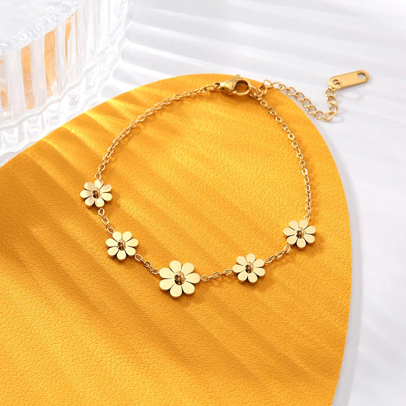 GANEMLY 316L Stainless Steel Daisy Flowers Necklace Earrings Bracelets For Women Fashion Waterproof Jewelry 4-Set Lady Gift