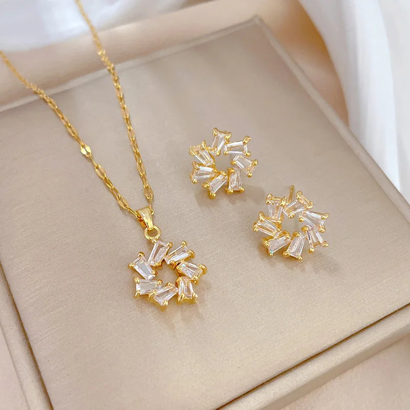 Stainless Steel Austrian Crystal Enamel Square Pendant Jewelry Sets Women African Costume Jewelry Maxi Necklace Earring Set
