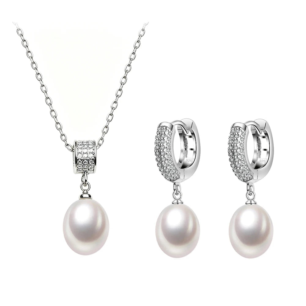 Natural Freshwater Pearl Necklace And Earrings Set Woman,Luxury 925 Silver Pearl Jewelry Set Wife Mother Birthday Gift White