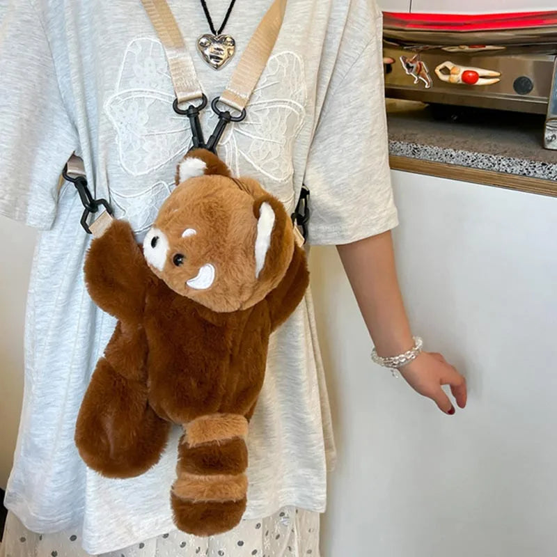 Red Panda Plush Backpack Cute Plushie Doll Women Crossbody Fur Soft Shoulder Bag for Camping Travel Party Female Birthday Gift