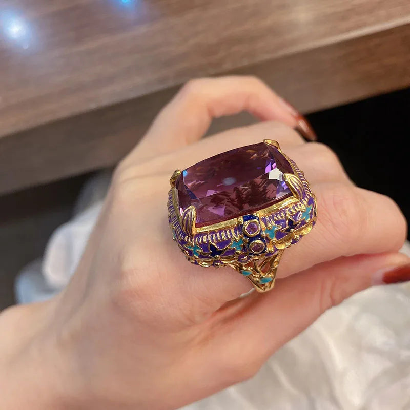 Foydjew Italian Vintage Jewelry Enamel Color Amethyst Rings Pendant Necklaces Medieval Style Banquet Jewelry Sets For Women