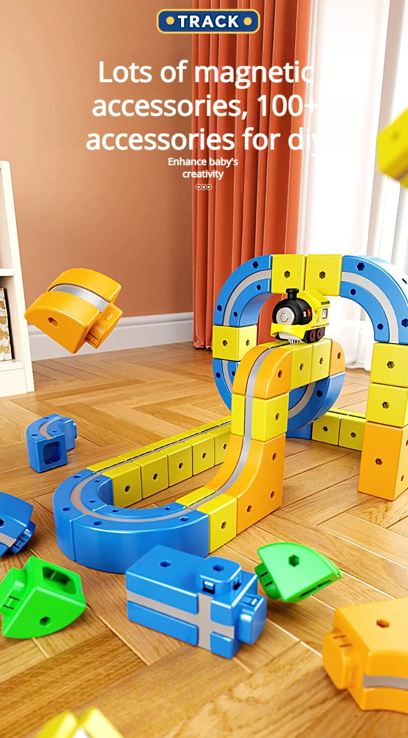 DIY Electric Magnetic Track Set With High-Speed Rail Vehicles STEM Building Game Puzzle Cube Toy for Children Gift(1-100+pieces)