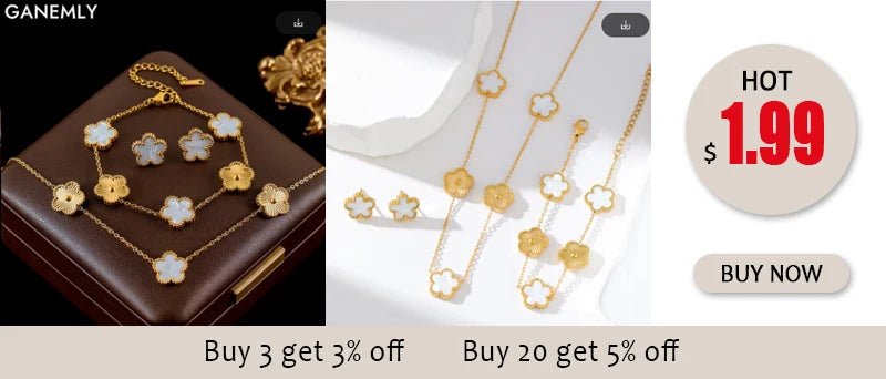 GANEMLY Stainless Steel  Sparkling White Zircon Flower Necklace Bracelet Earrings Set For Women Trendy Waterproof Jewelry Gift