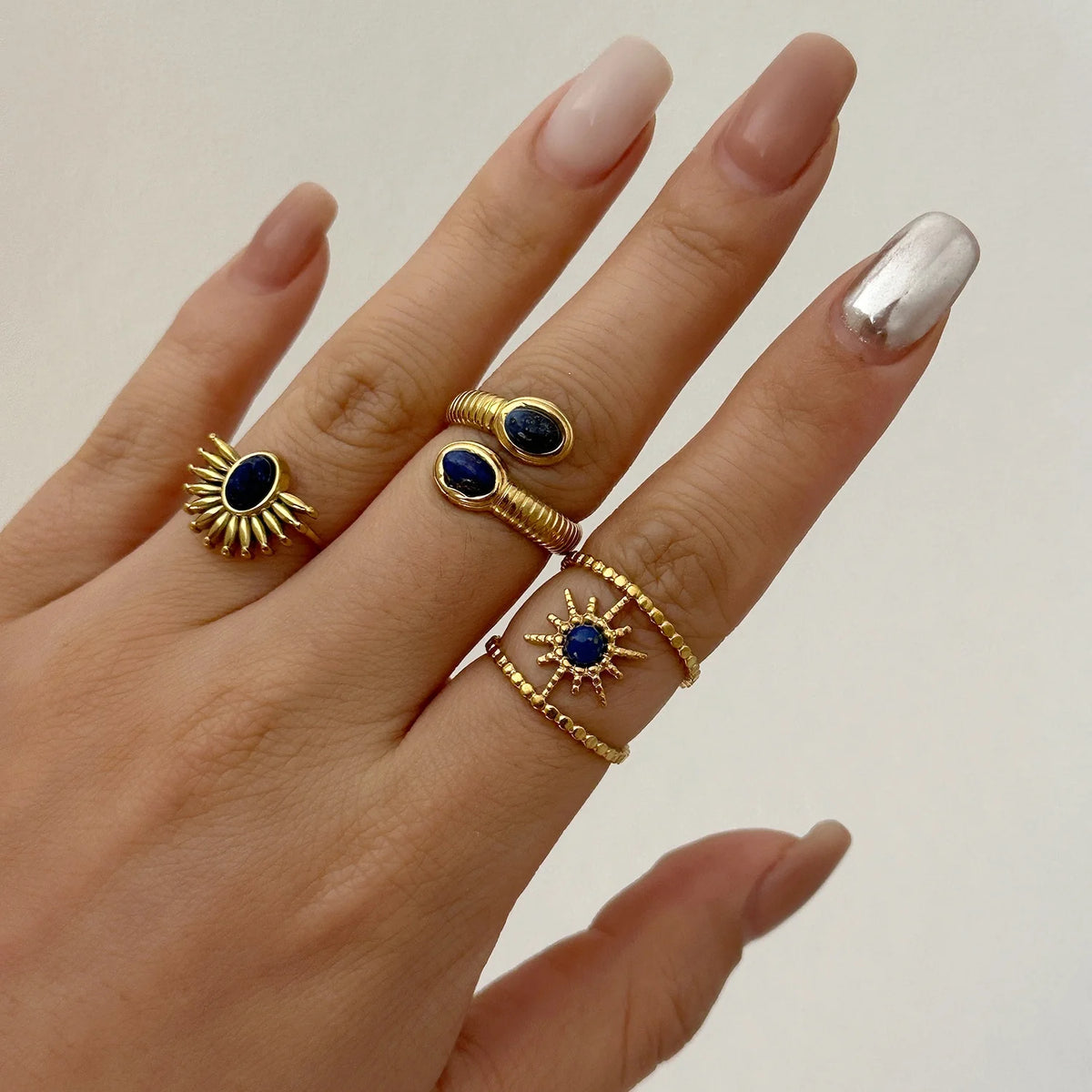 Stainless Steel French Vintage Ethnic Color Gemstone Ring for Women Punk Personality Stackable Open Finger Ring Hand Jewelry