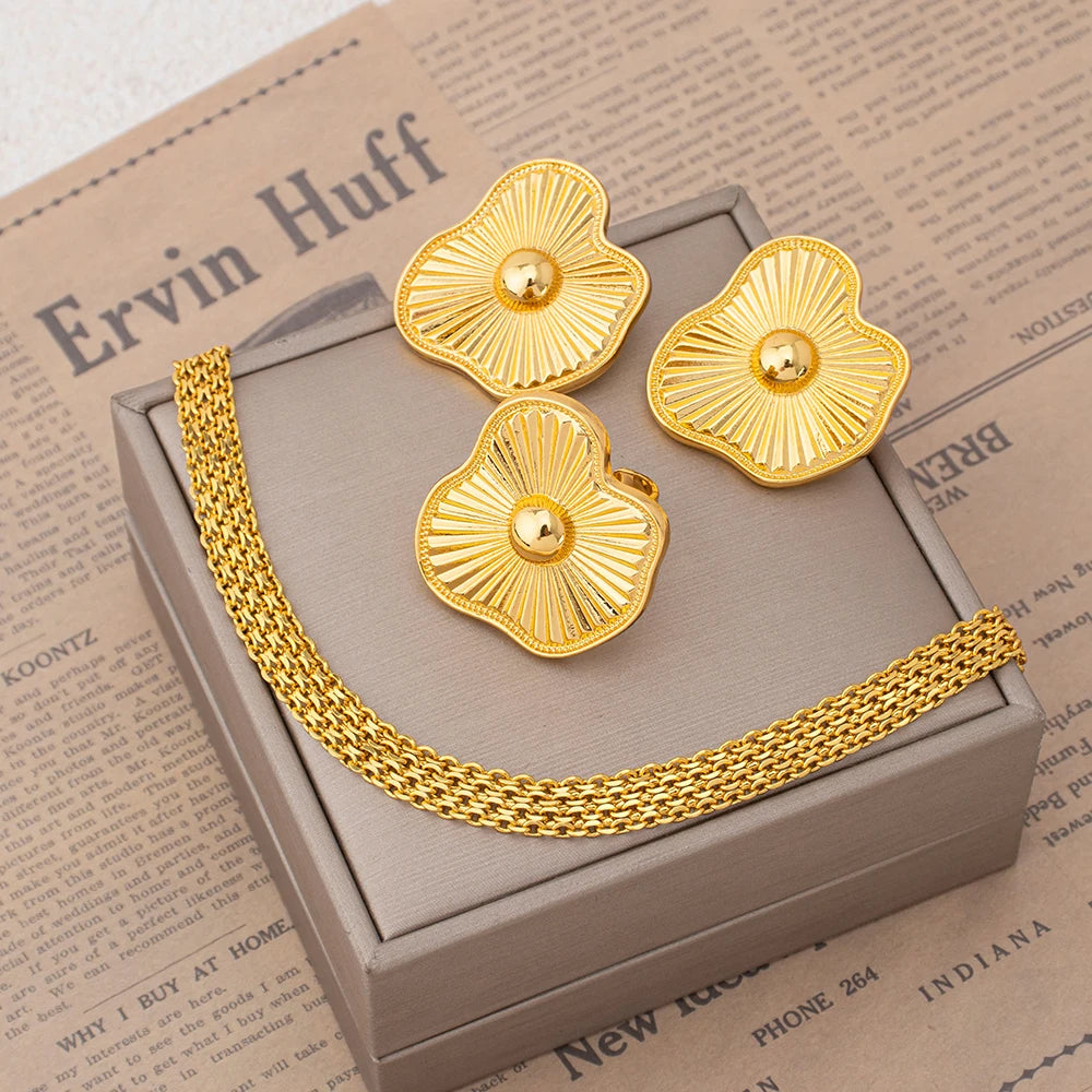 Necklace Earrings Ring Jewelry Set for Women  Gold Plated Clip Earrings and Finger Ring 2Pcs Set for Engagement Daily Wear Gifts