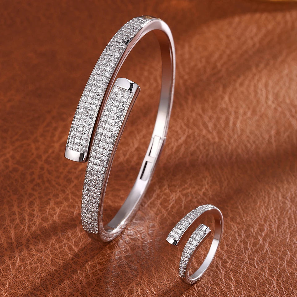 ZAKOL 9 Styles Slivery Open Bracelet Ring Jewelry Set Luxury Shiny Zircon Middle East Trendy Jewelry for Women Gift
