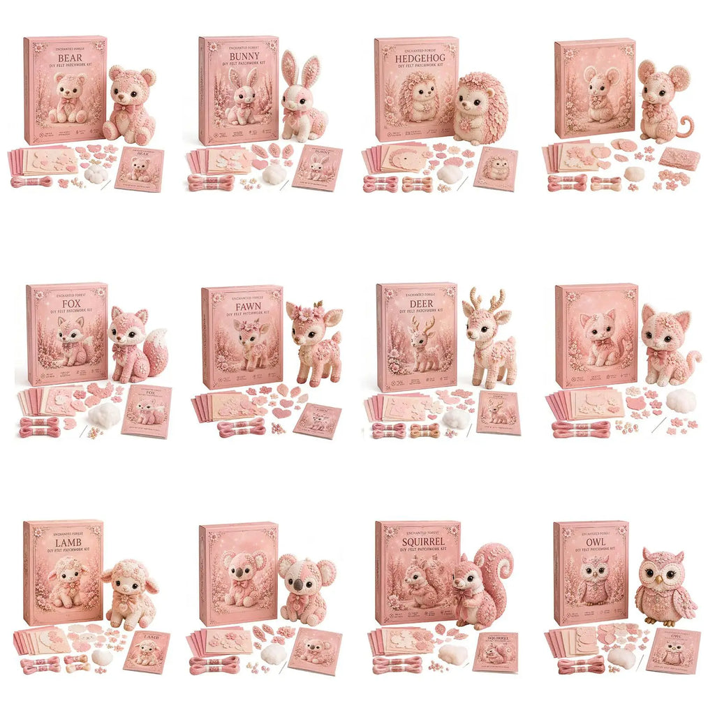 Pink Forest Friends DIY Patchwork Collection, All-Inclusive Sewing Kit to Make Cute Woodland Animals, Household Hobby Decor Gift