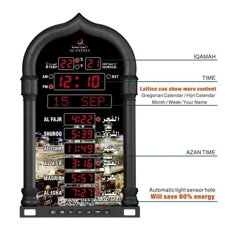 Azan Wall Clock Muslim Islamic Islam stylish Prayer Reminder Alarm Mosque Wall Clock Prayer Time Hijri Digital LED Azan