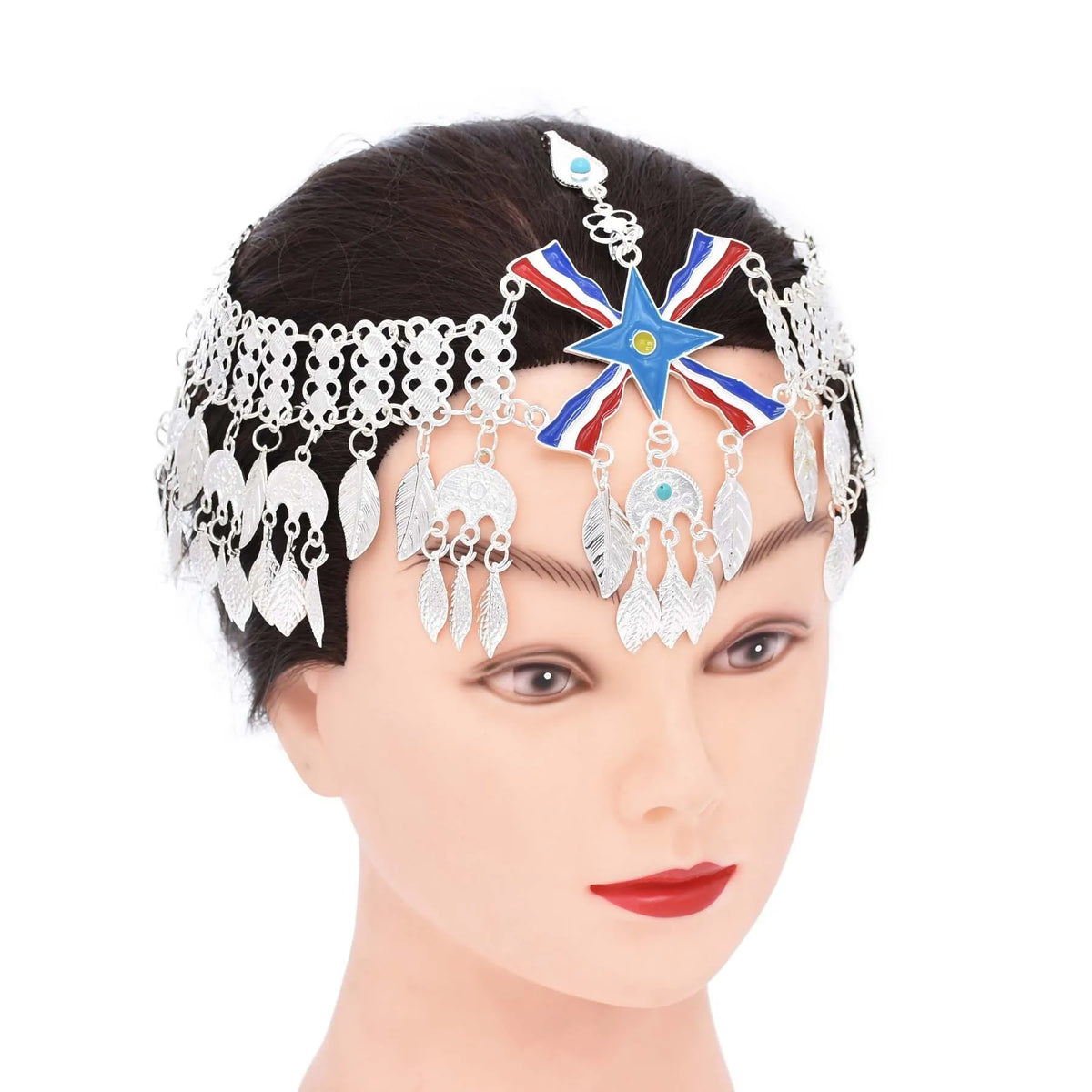 Silver Plated Assyrian Belt Hair Accessories Earrings for Women Kurdish Assyria Ethnic Colorful Flag Leaf Tassel Jewelry Sets