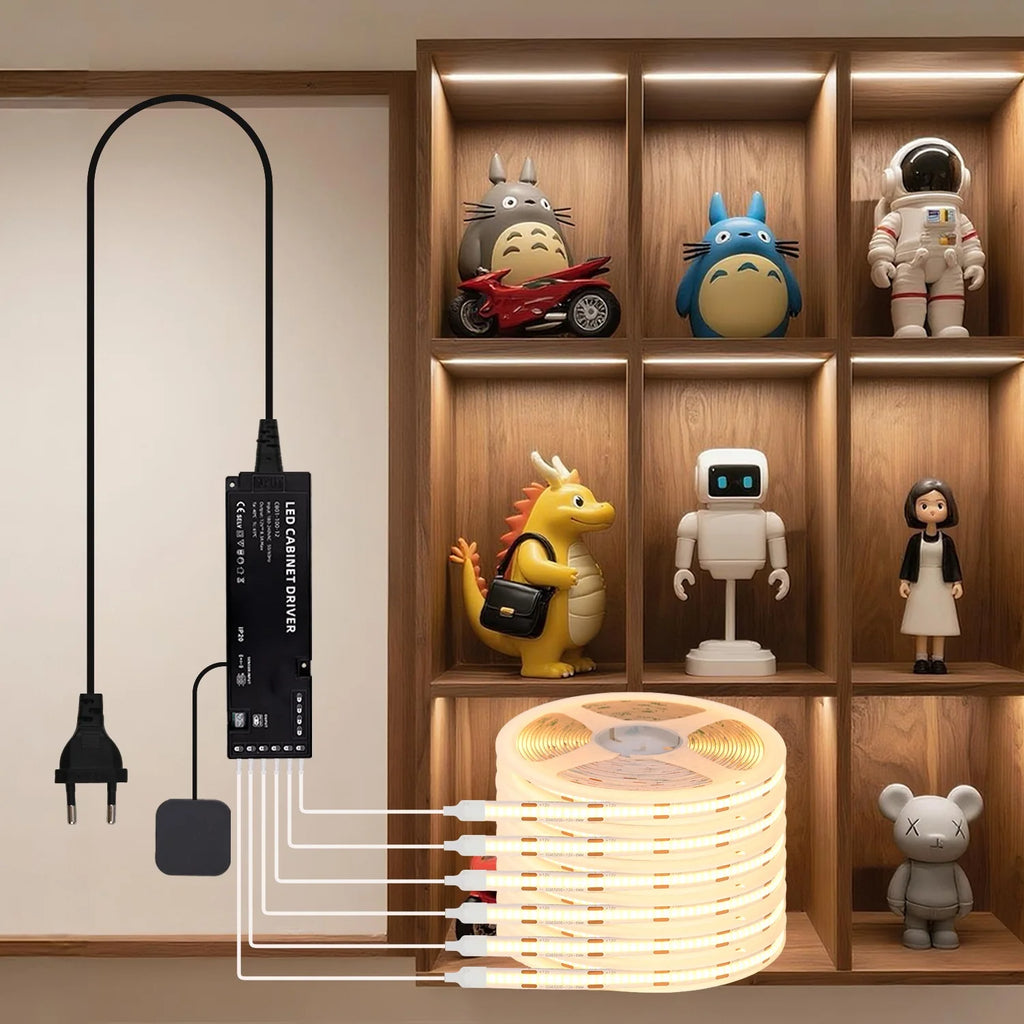 Under Cabinet COB LED Strip Light Collection Display Closet Bookcase Wardrobe Lamp Tape Penetrable Wood Dimmable Touch Sensor