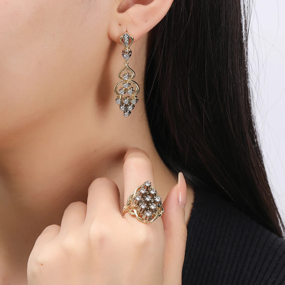 Bohemian Two-tone Zirconia Earrings and Rings Set Fashion Jewelry Copper Plated 14K Gold Party Favor Wedding Decorative Jewelry