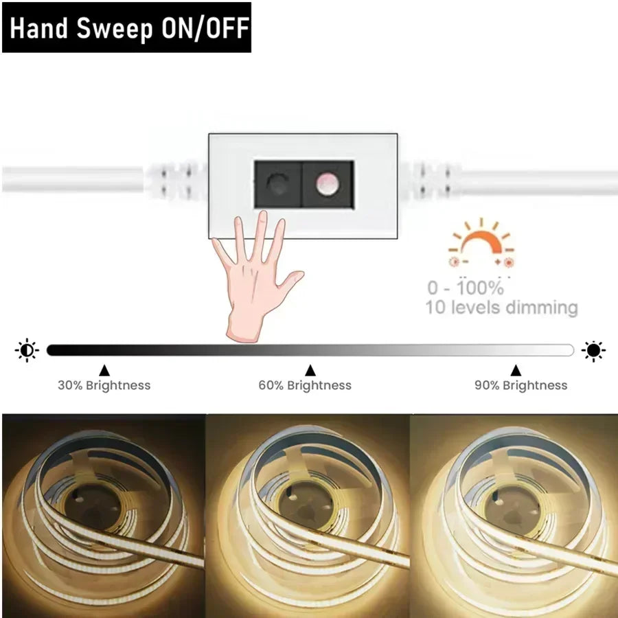 Dimmable 5V USB 5m COB LED Strip Light with Hand Scan Dimmable Touch Sensor Switch Push Switch Room TV Background Decoration