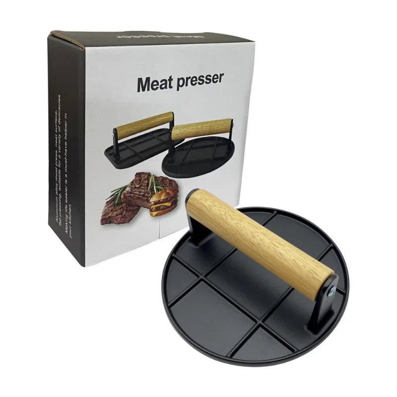 Cast Iron Burger Press Outdoor Non Stick Aluminum Alloy Rotundity Hand Meat Burger Press with Wooden Handle for Home Kitchen BBQ