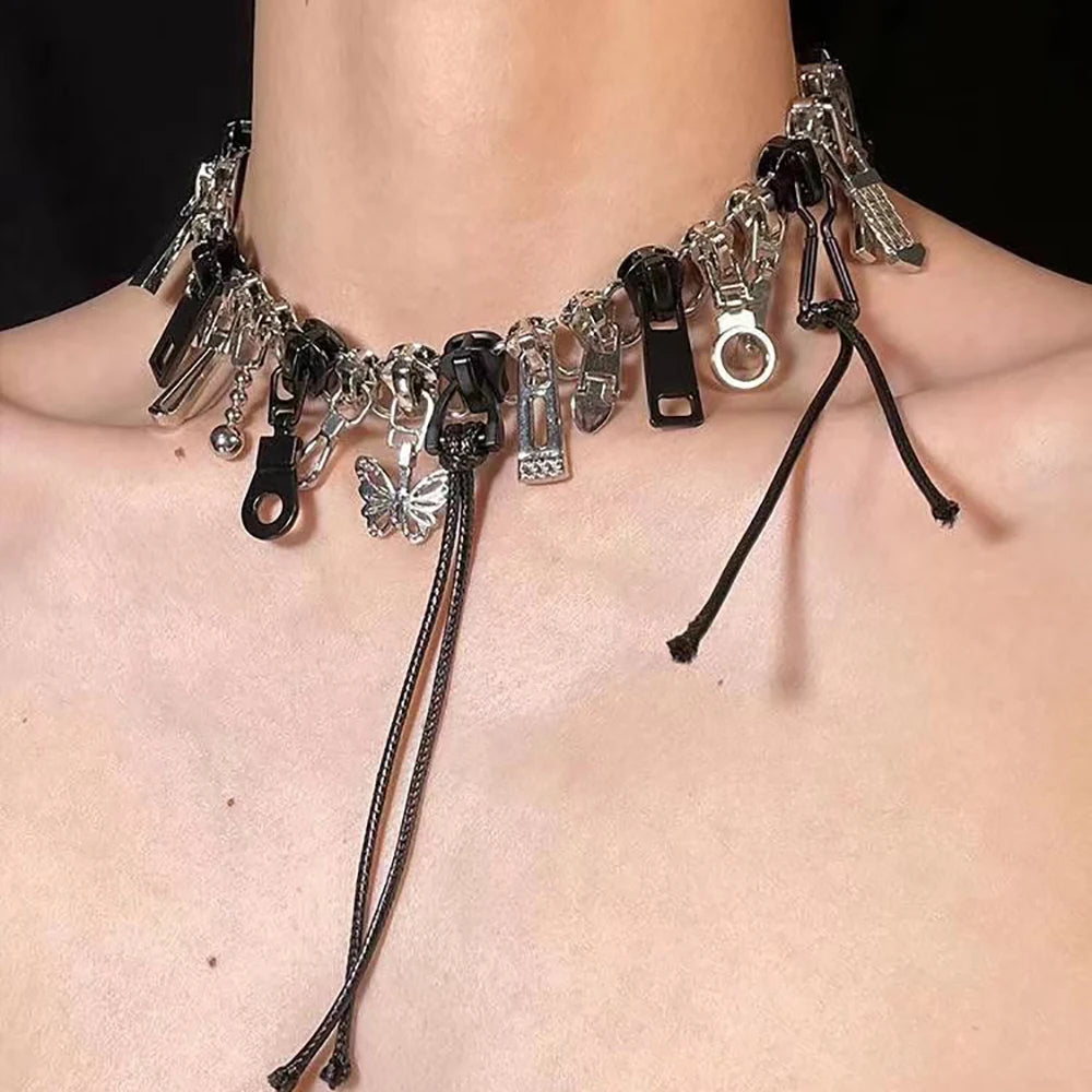 Cyber Punk Zipper Necklace Fringe Chain Head Y2k Hip Hop Choker Men's Women's Fashion Personality Jewelry Accessories