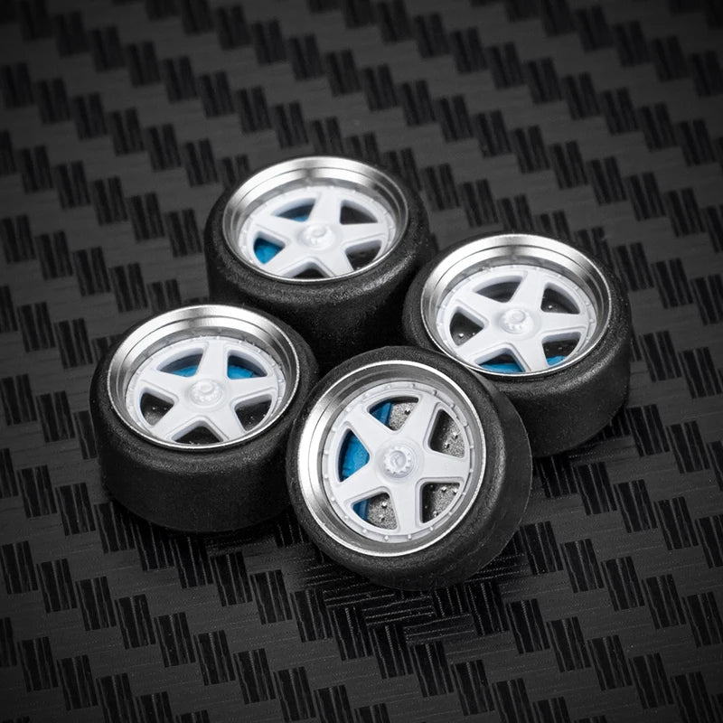 1/64 Car Model Bearing Wheels 9.8mm 10.8mm Rubber Tires W Brake Disc Caliper Axles Modify Spare Parts for 1:64 Cars