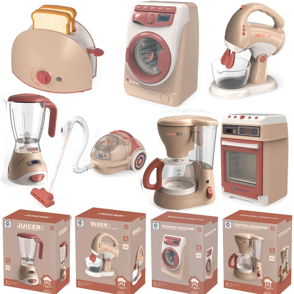 Pretend Kitchen Play Toys Electric Vacuum Cleaner Water Sweeper Household Juicer Dispenser Washing Machine with Light Tools Kids