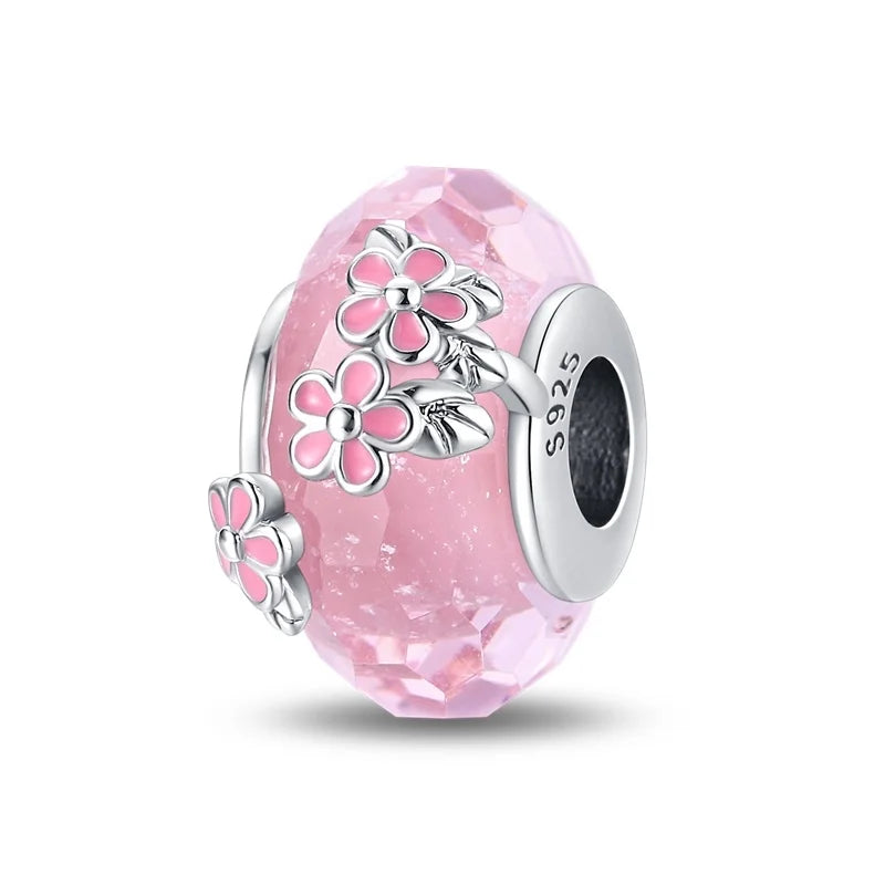 Hot Sales 925 Sterling Silver Pink Flower heart Ear Stud Ring Pendant Bead fit DIY Women's Bracelets Necklaces Jewelry Gifts
