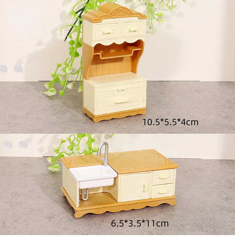 DIY Forest Family 1/12 Kitchen Furniture Bathroom Bedroom Bakeware Sets Miniature Model Dollhouse Accessories Refrigerator Gift