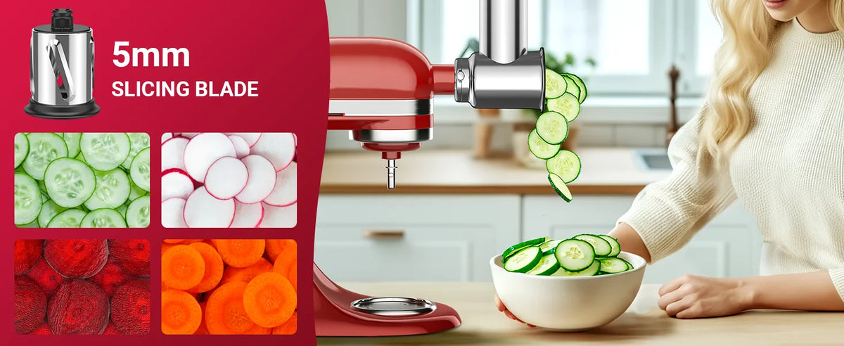 GVODE Stainless Steel Slicer Shredder Attachment for KitchenAid Stand Mixers Salad Maker Grinding Powder with 4 Blades