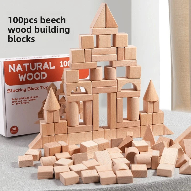 Kawaii 100Pcs Unpainted Beech Wooden Large Building Blocks Toddler Stacking Construction Preschool Educational Gift