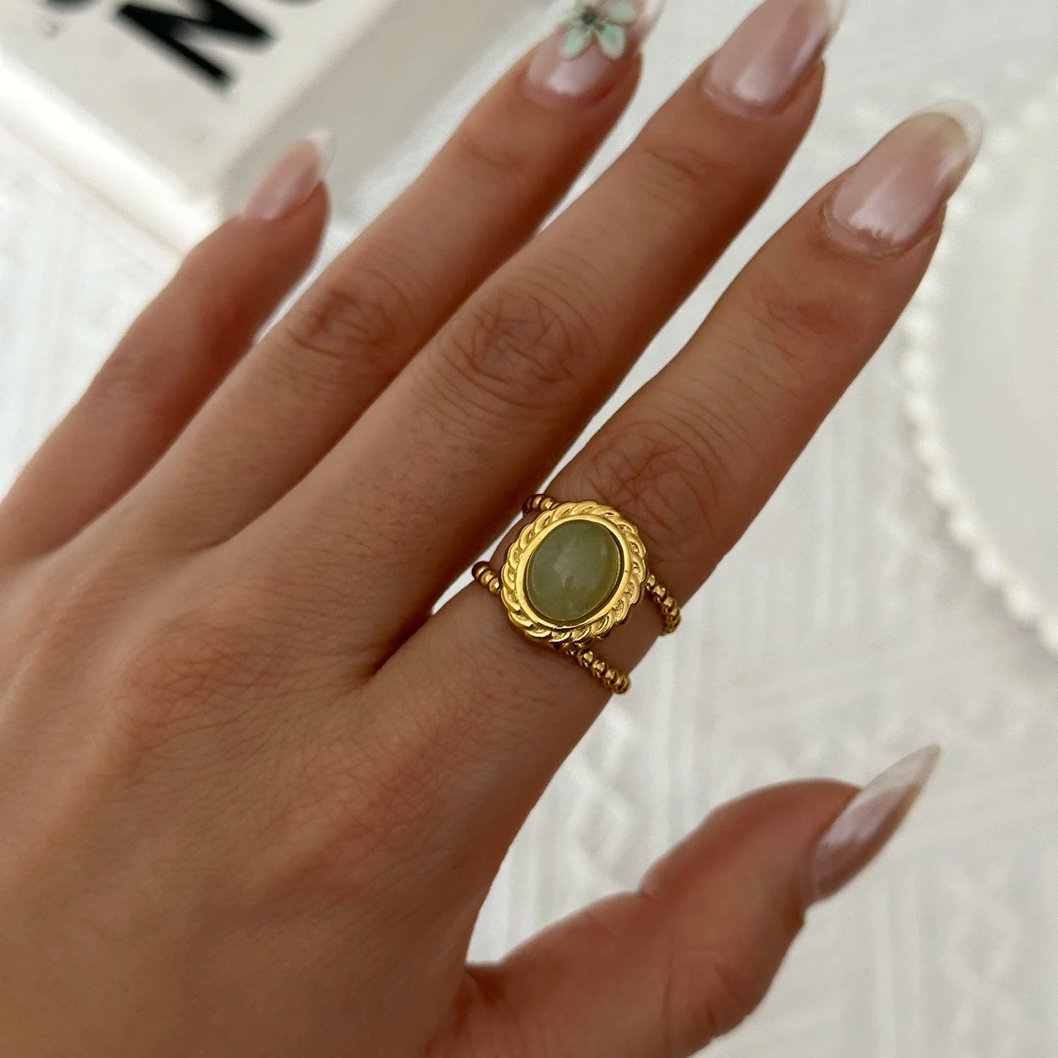 Stainless Steel French Vintage Ethnic Color Gemstone Ring for Women Punk Personality Stackable Open Finger Ring Hand Jewelry