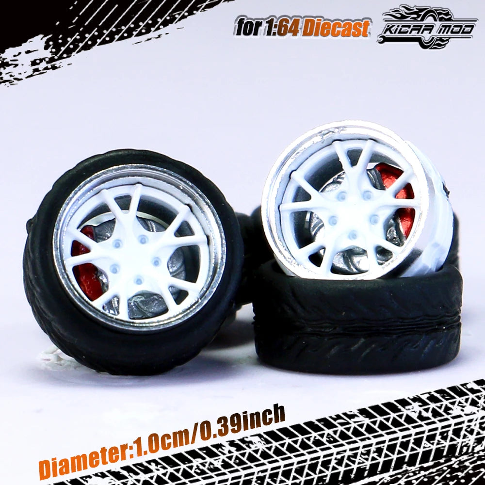 Kicarmod 1/64 Model Car ABS Wheels with Rubber Tire Brake Disc Metal Rims Diameter 10mm Refitting Parts For Model Car