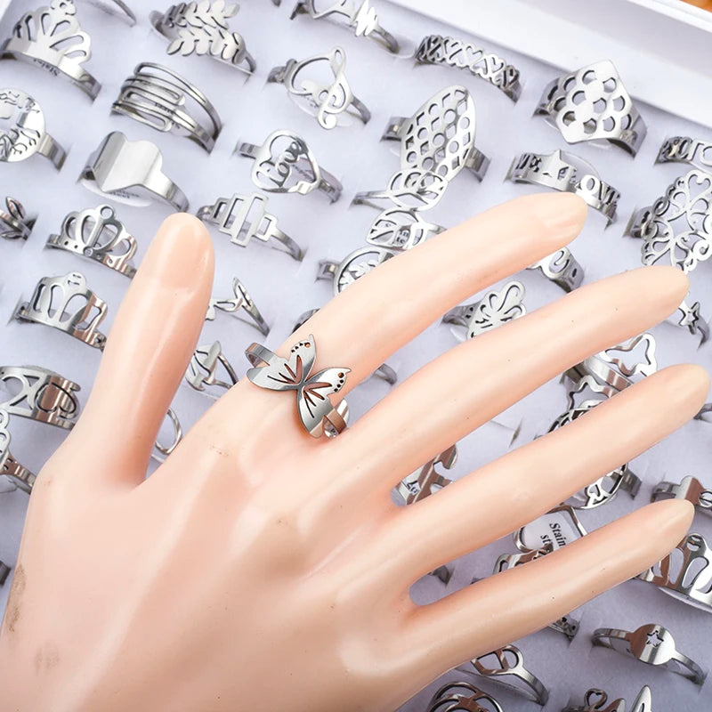 100 Pieces Stainless Steel Engraved Rings for Men and Women Fashion Charm Jewelry Gift Hollow Flower Finger Rings Wholesale Lots