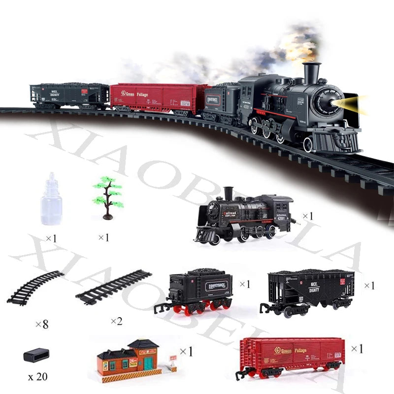 Electric Railway King Classical Passenger Train Simulation Water Steam Locomotive Playset Battery Operated Train Toy Smoke Sound