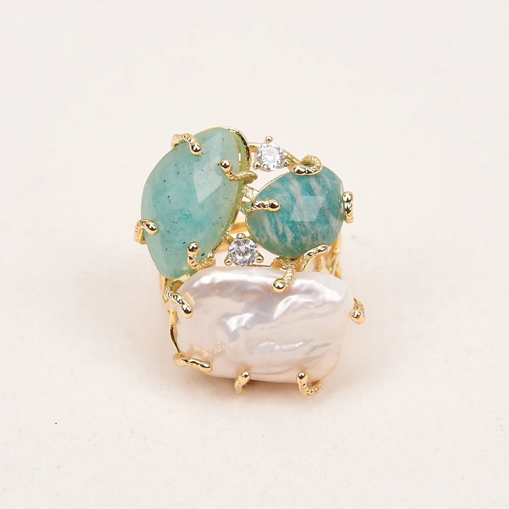 GG Natural White Keshi Pearl Green Amazonite Stone Gold Color Plated Rings Adjustable Ring For Lady