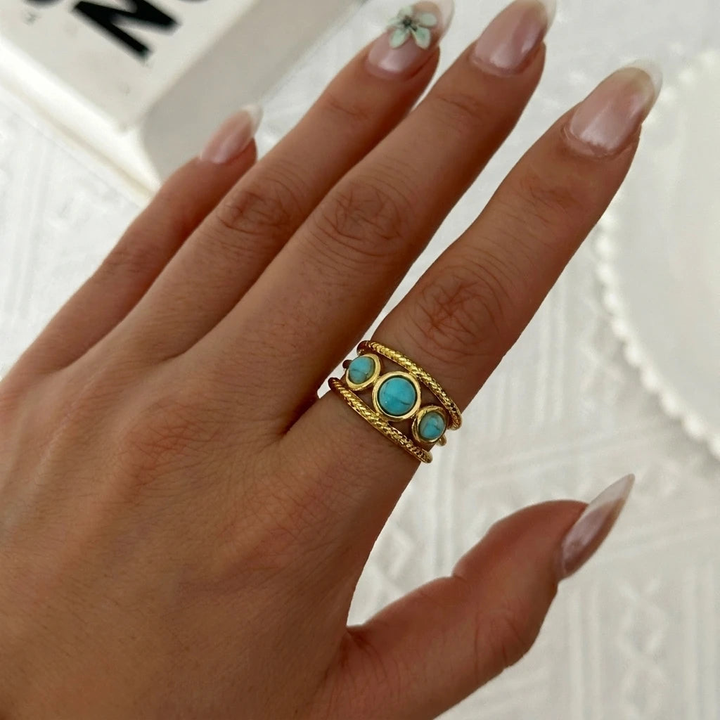 Stainless Steel French Vintage Ethnic Color Gemstone Ring for Women Punk Personality Stackable Open Finger Ring Hand Jewelry