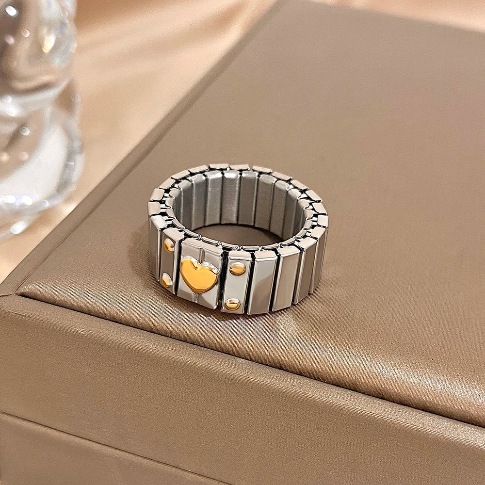 Greatera Elastic Force Stainless Steel Women's Ring Heart Pattern Fashion Colorfast Wide Design Valentine's Day Gift Jewelry