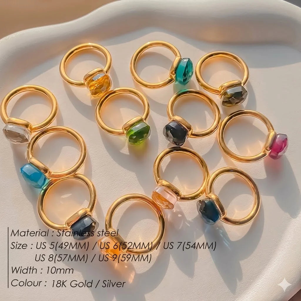 Colorful Crystal Nude Ring for Women 18K Gold Plated Stainless Steel Candy Color Square Stone Statement Rings Jewelry Gift