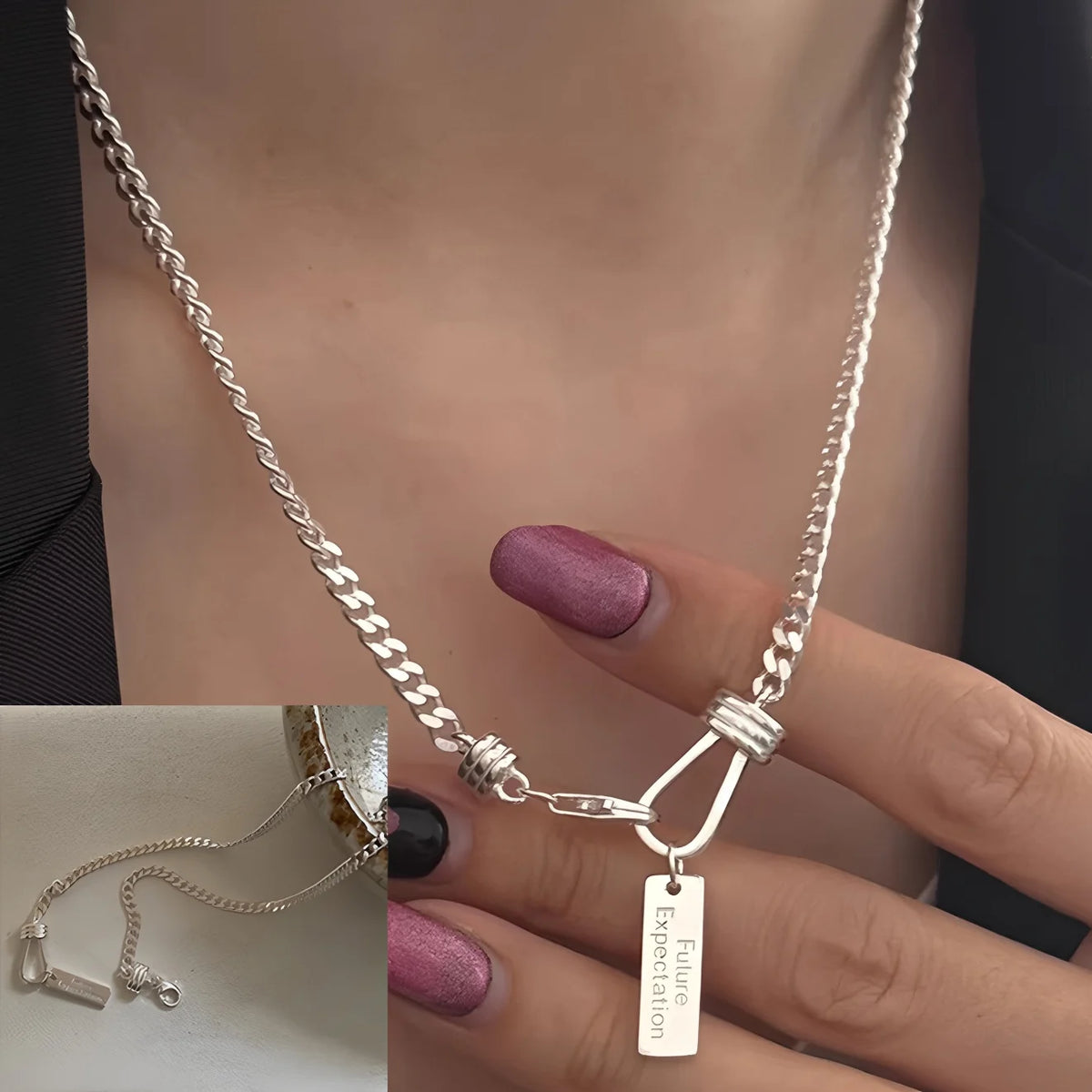 PANJBJ 925 Sterling Silver Onyx Necklace for Women Girl Concise Individuality Fashion Jewelry Birthday Gift Dropshipping