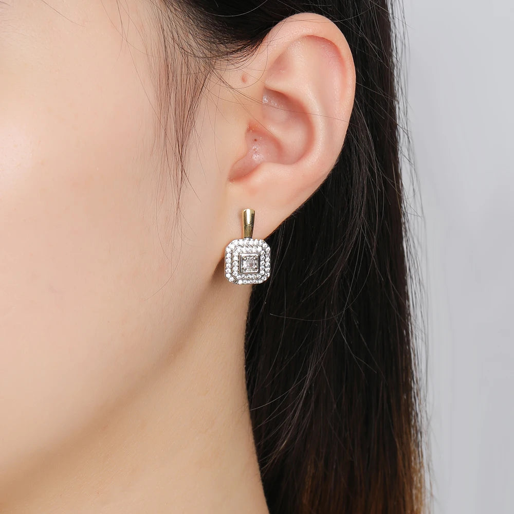 Square design inlaid zircon earrings ring copper plated 14K gold fashion jewelry set birthday party exquisite gift jewelry