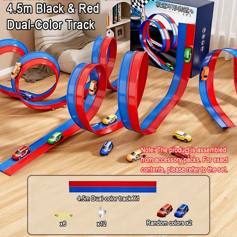 3-Lane Flexible Race Tracks Toy Kid Flex Race Track Vehicle Playsets Compatible 1/64 Cars Portable Roll Up Ramp Tracks Boys Gift